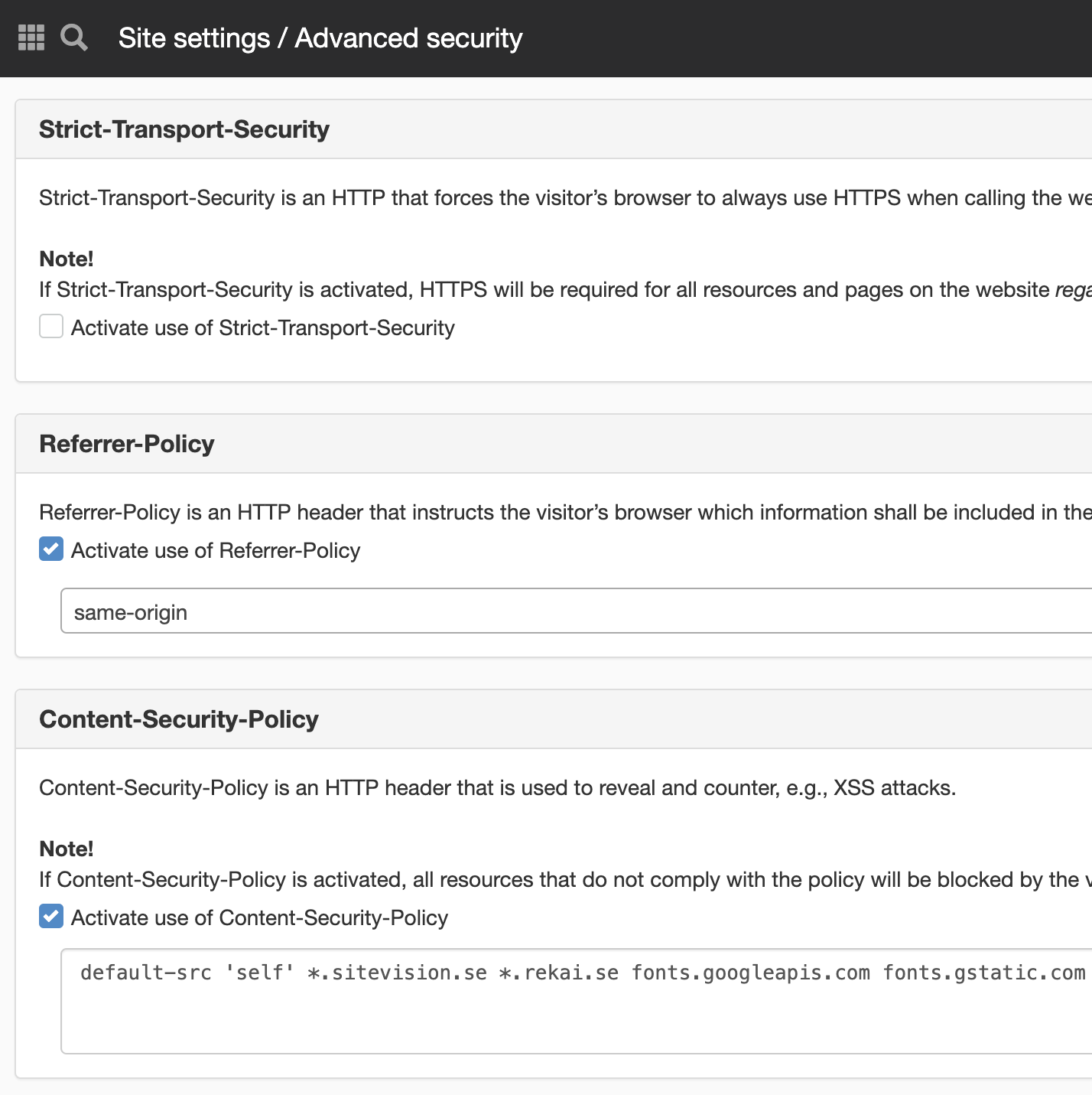 CSP in Sitevision