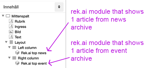 Exmaple of two recommendations in Sitevision