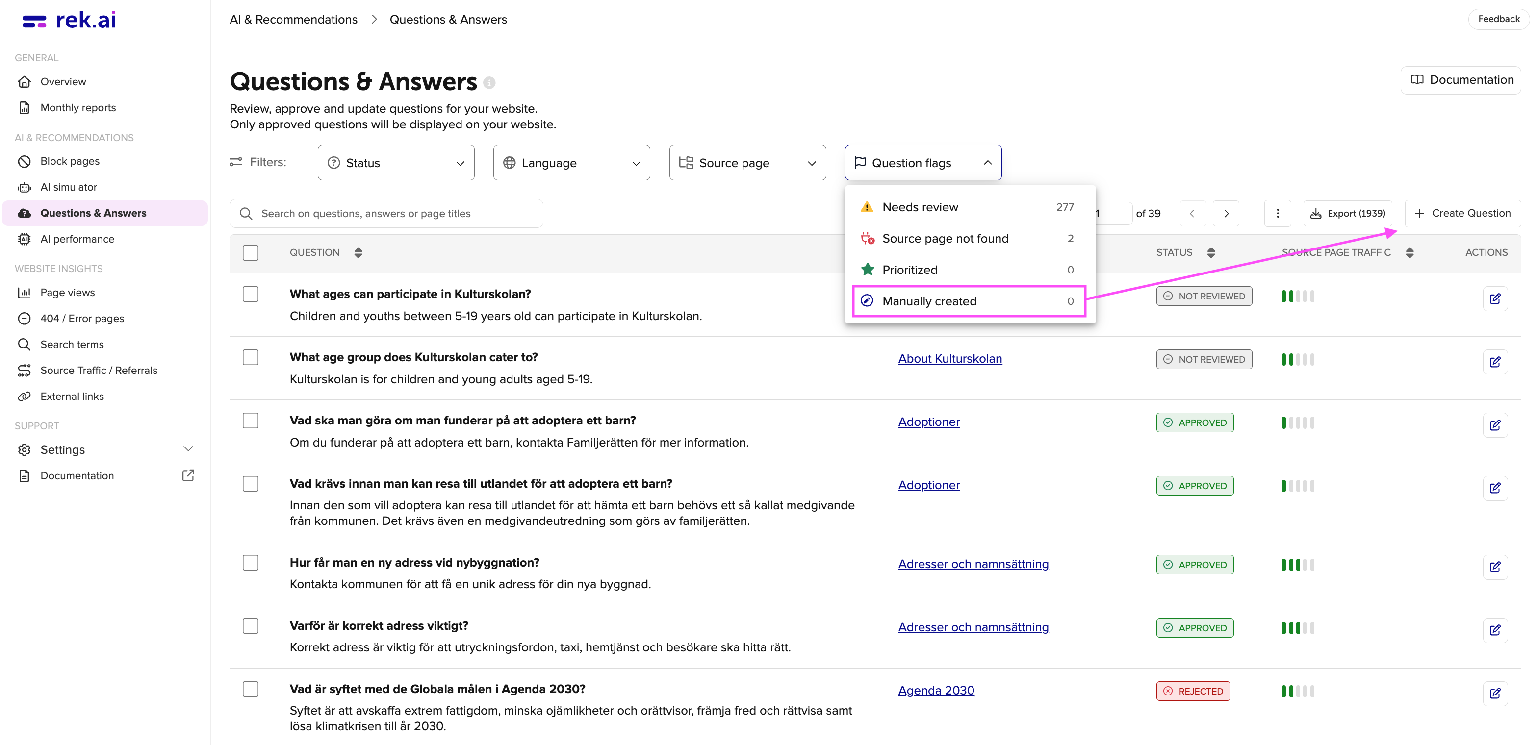 Questions and Answers generated by generative AI on rek.ai