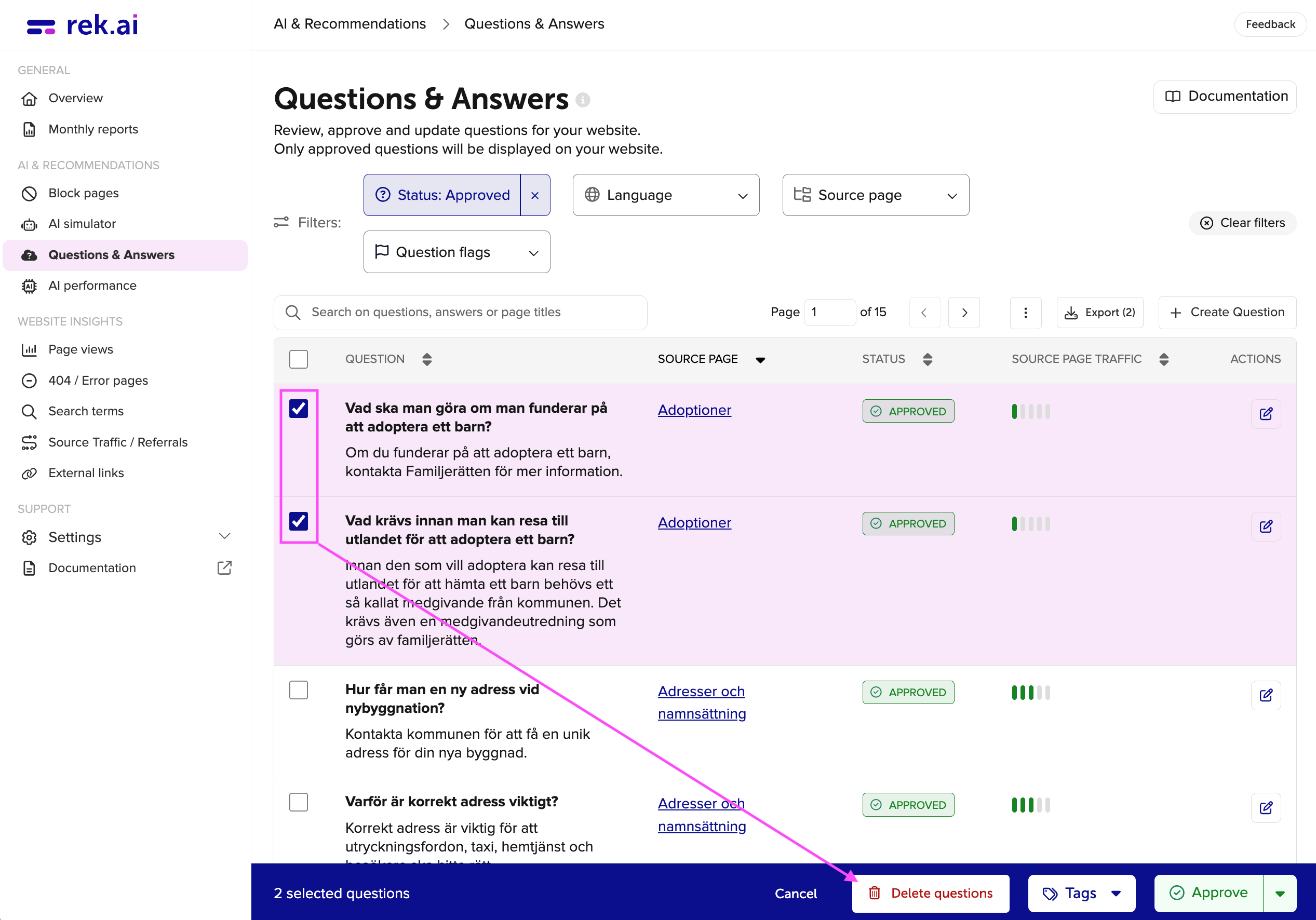 Questions and Answers generated by generative AI on rek.ai