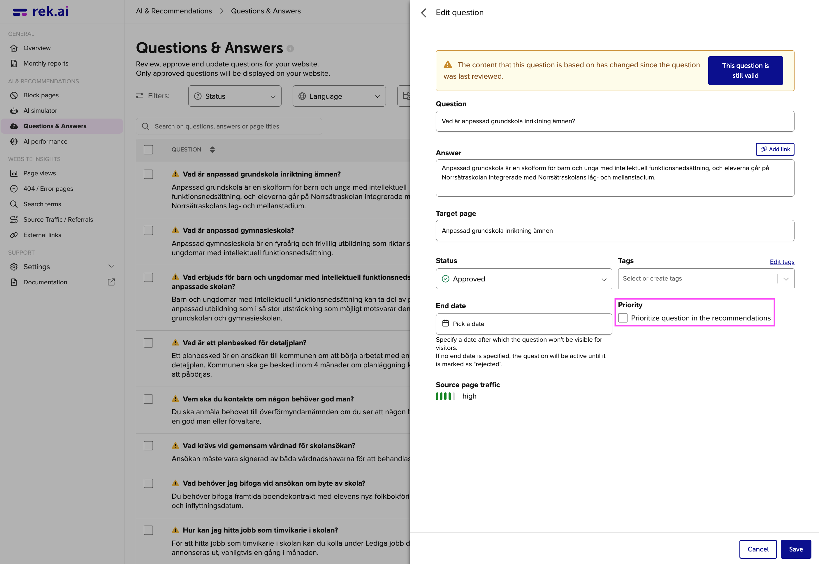 Questions and Answers generated by generative AI on rek.ai
