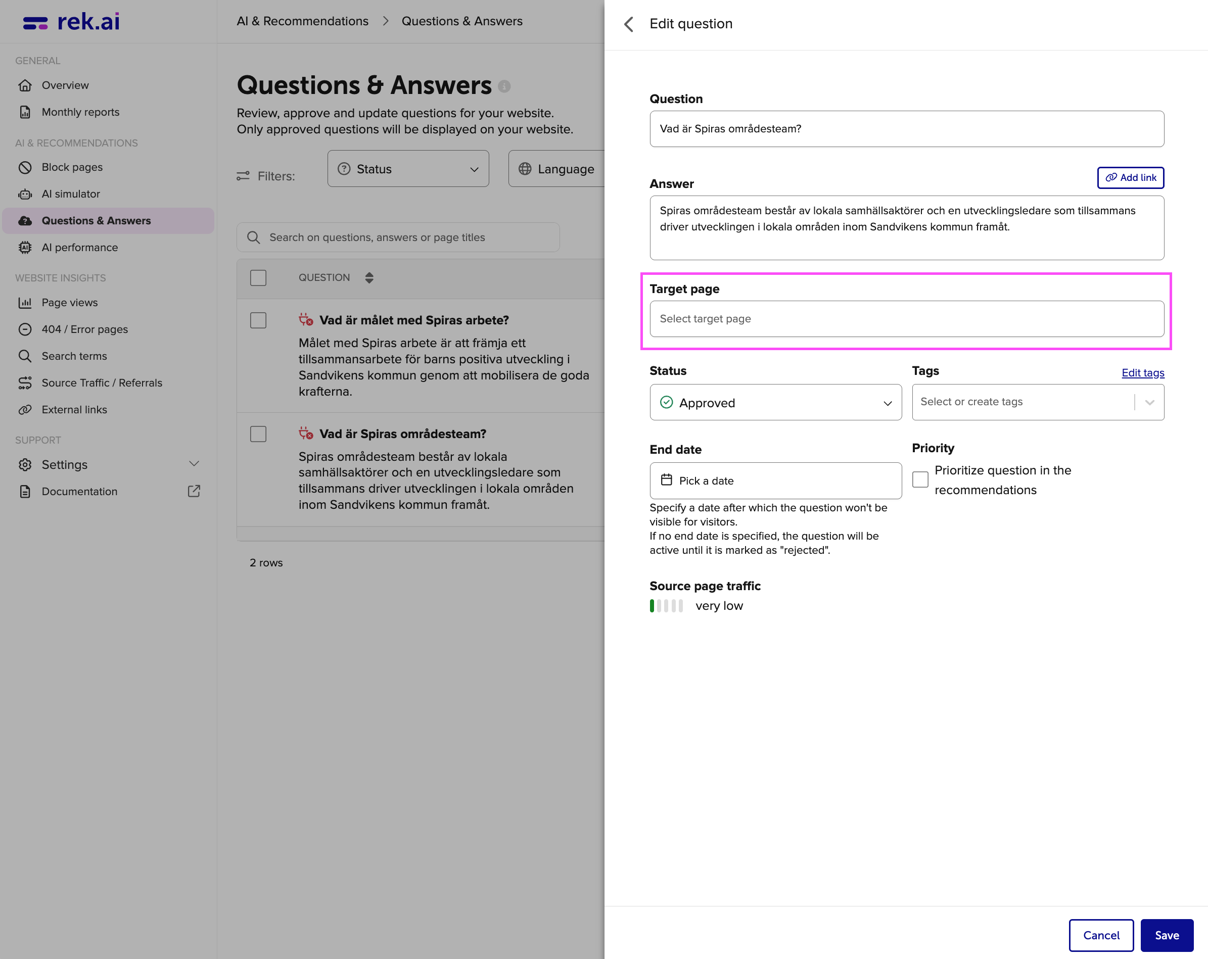 Questions and Answers generated by generative AI on rek.ai