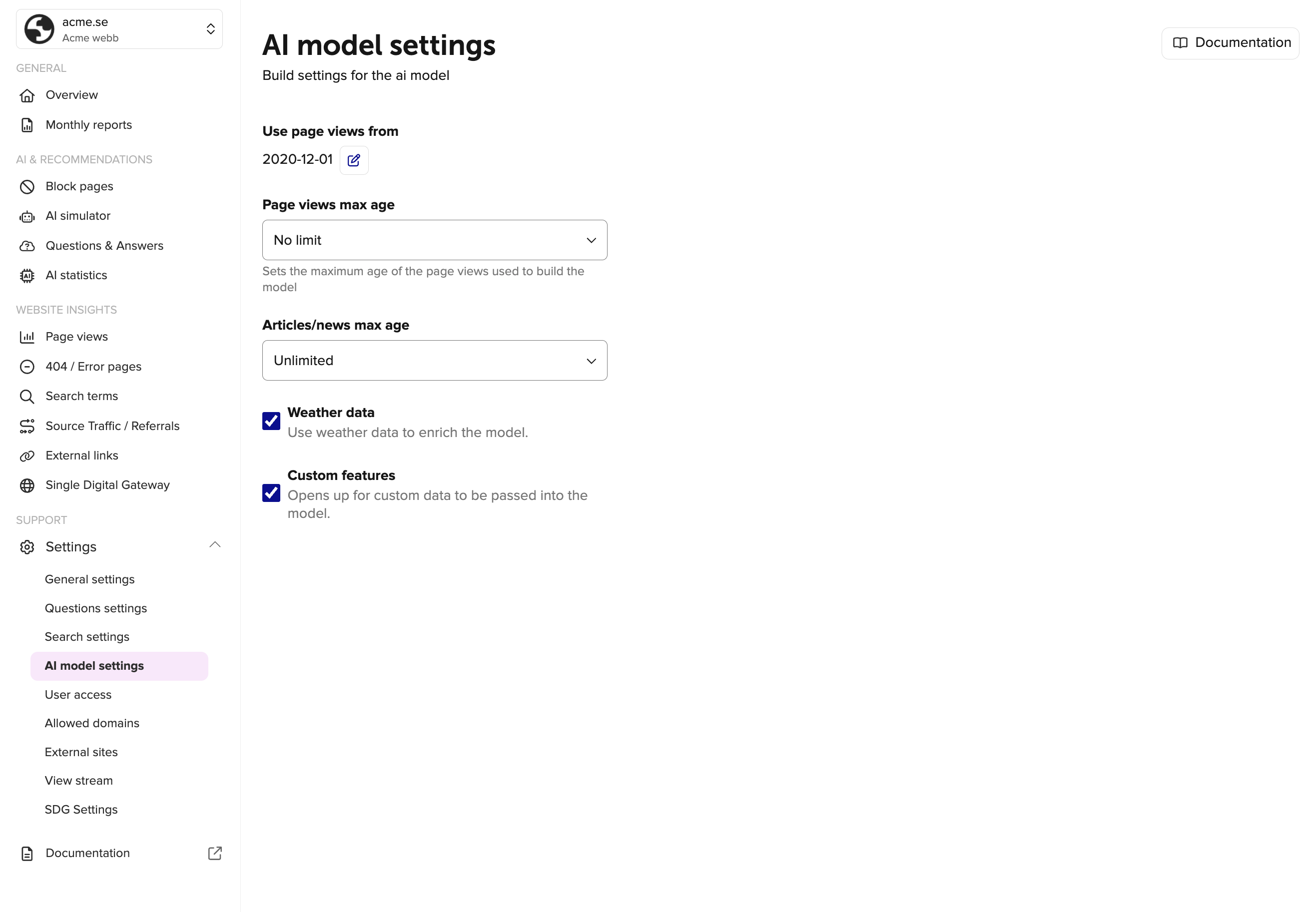 Model settings