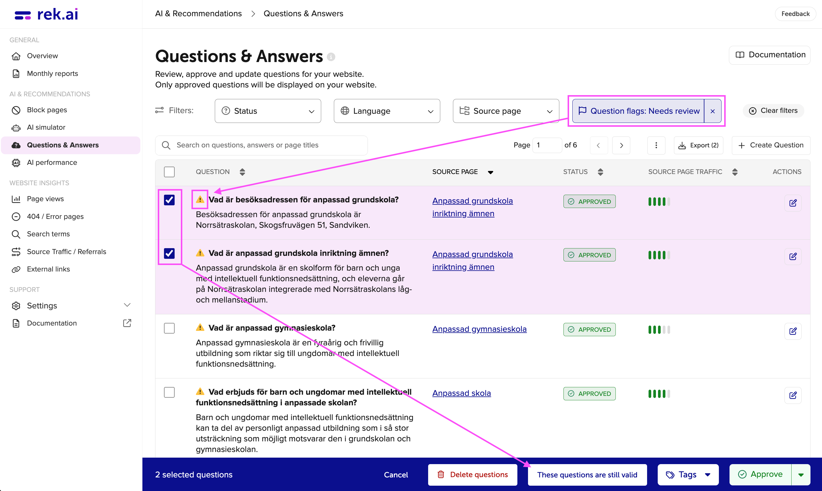 Questions and Answers generated by generative AI on rek.ai