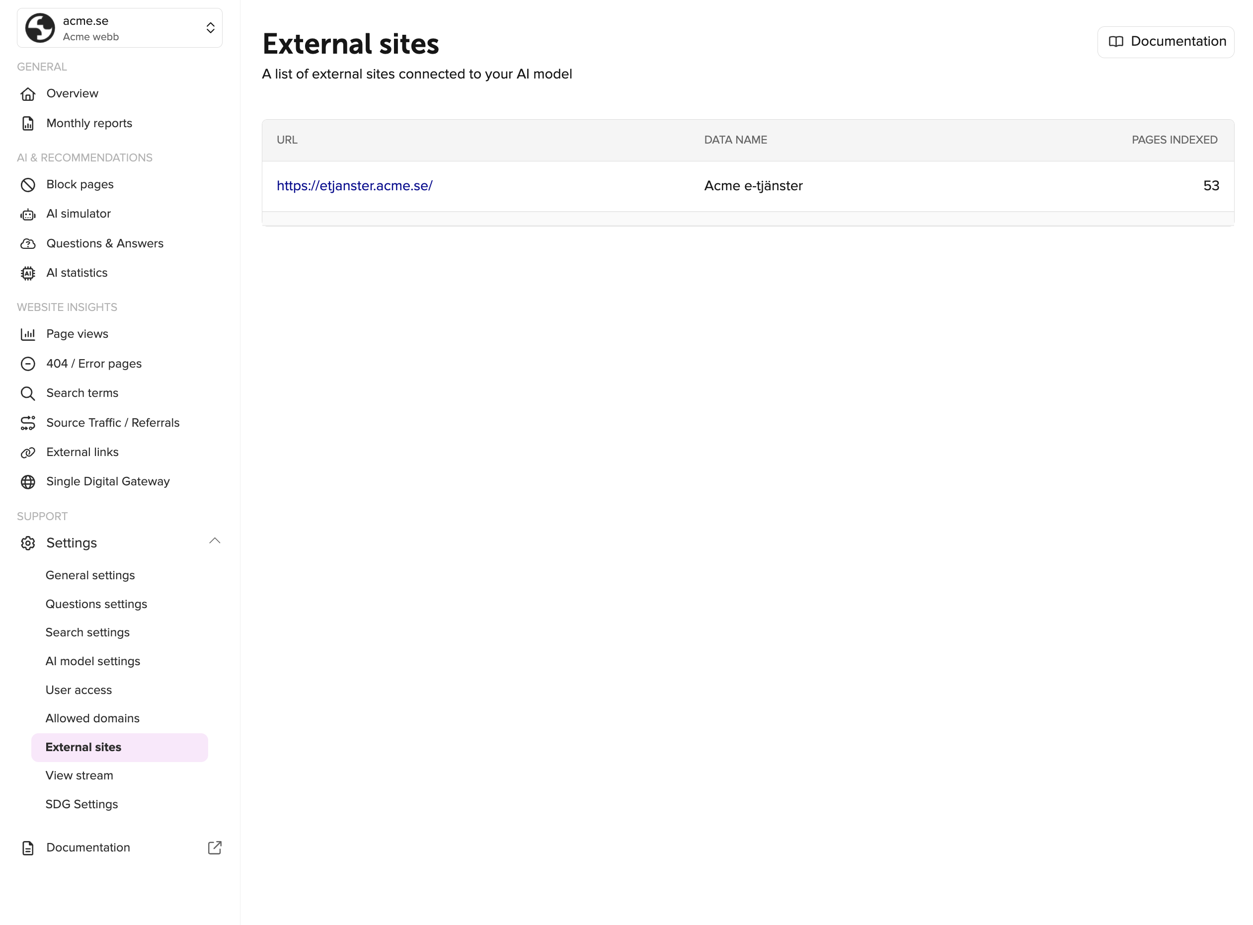 External sites tab in rek.ai dashboard