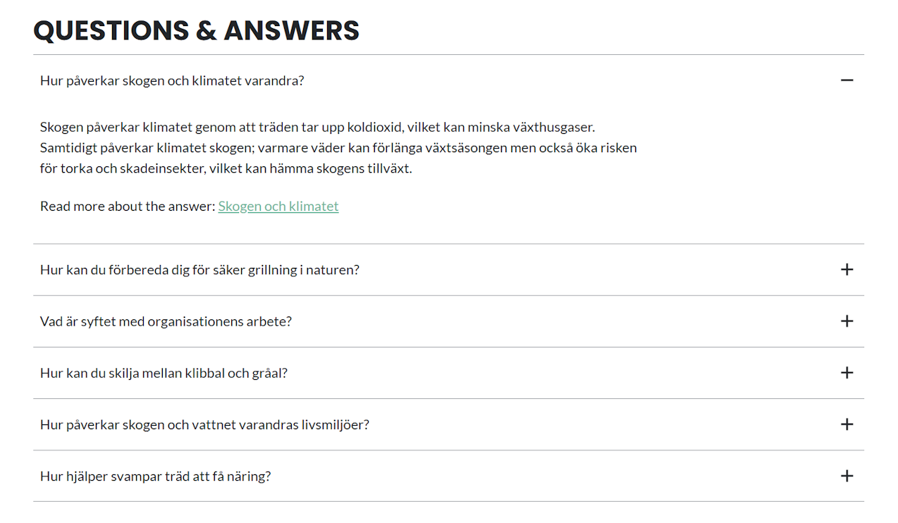 Rendered output of the Questions & Answers block type