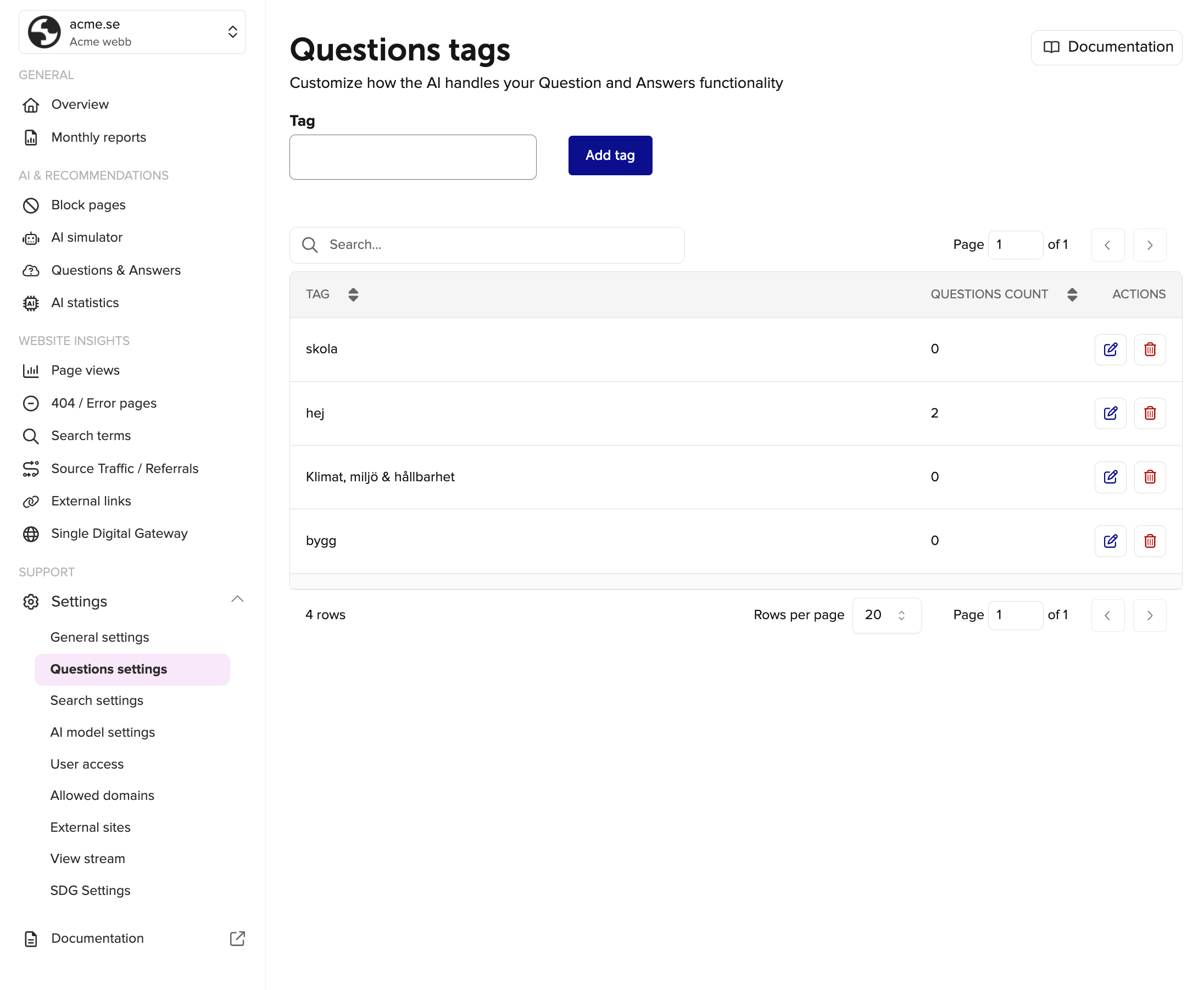 Question tags settings rek.ai