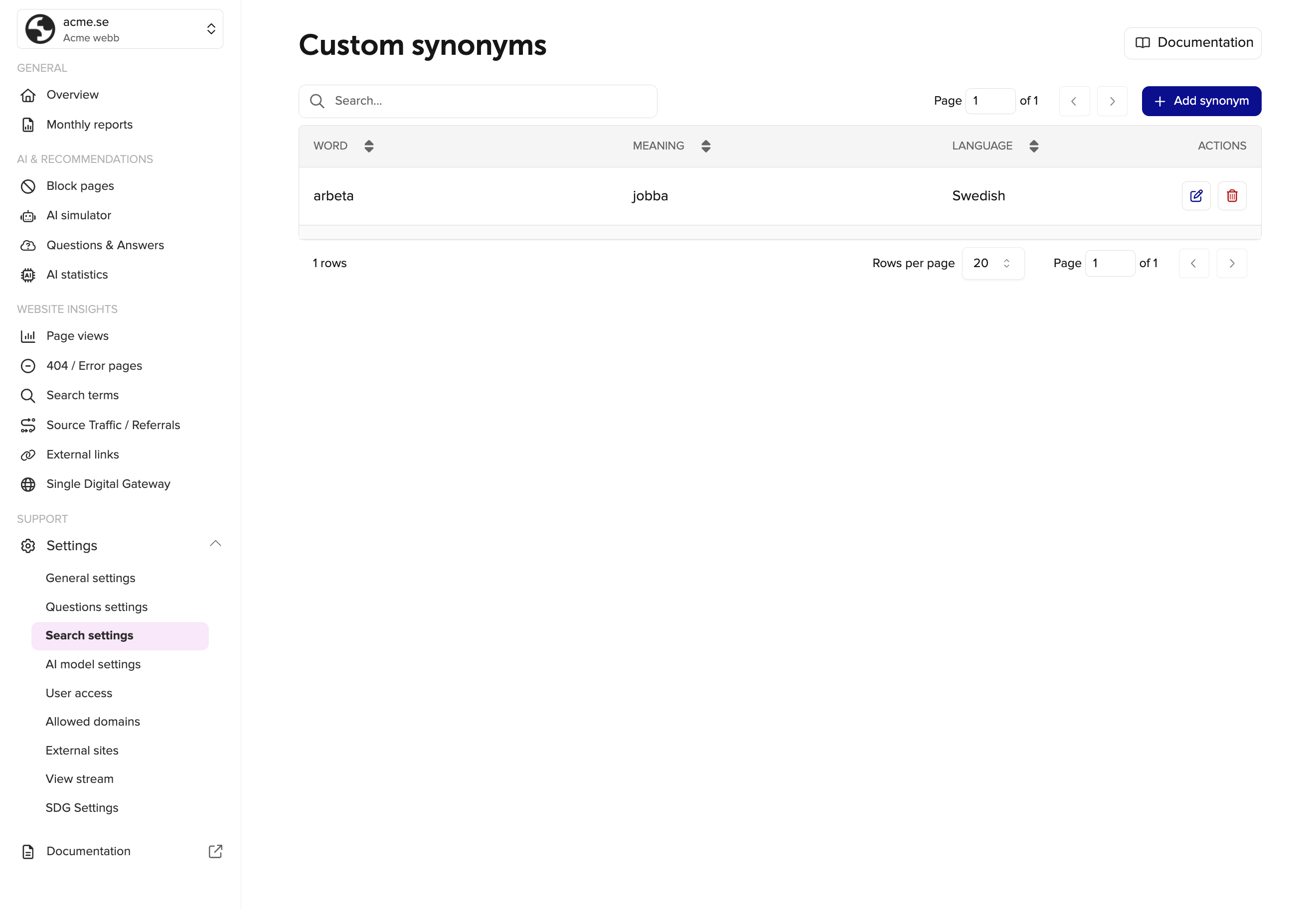 Custom synonyms settings rek.ai