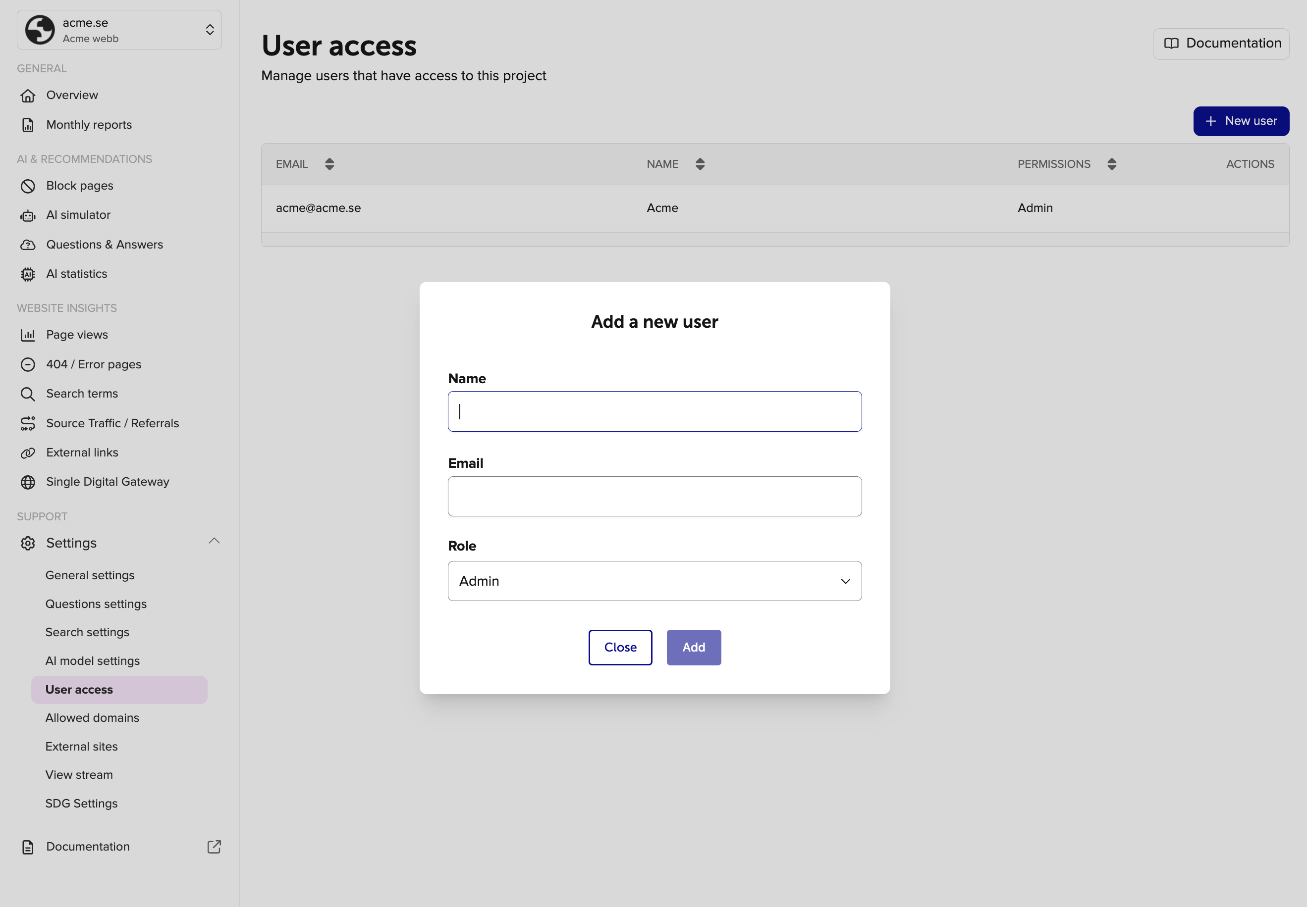 New user tab in rek.ai dashboard